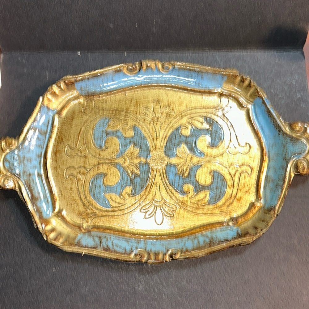 Plastic Florentine Tray with Handles in Blue & Gold